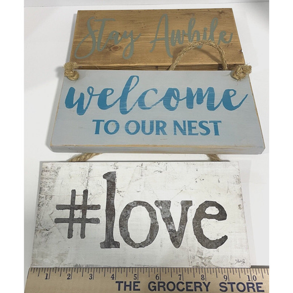Set of 3 Wooden Signs Wall Hanging Decor Farmhouse Rustic Love Welcome Nest Blue - Picture 5 of 7